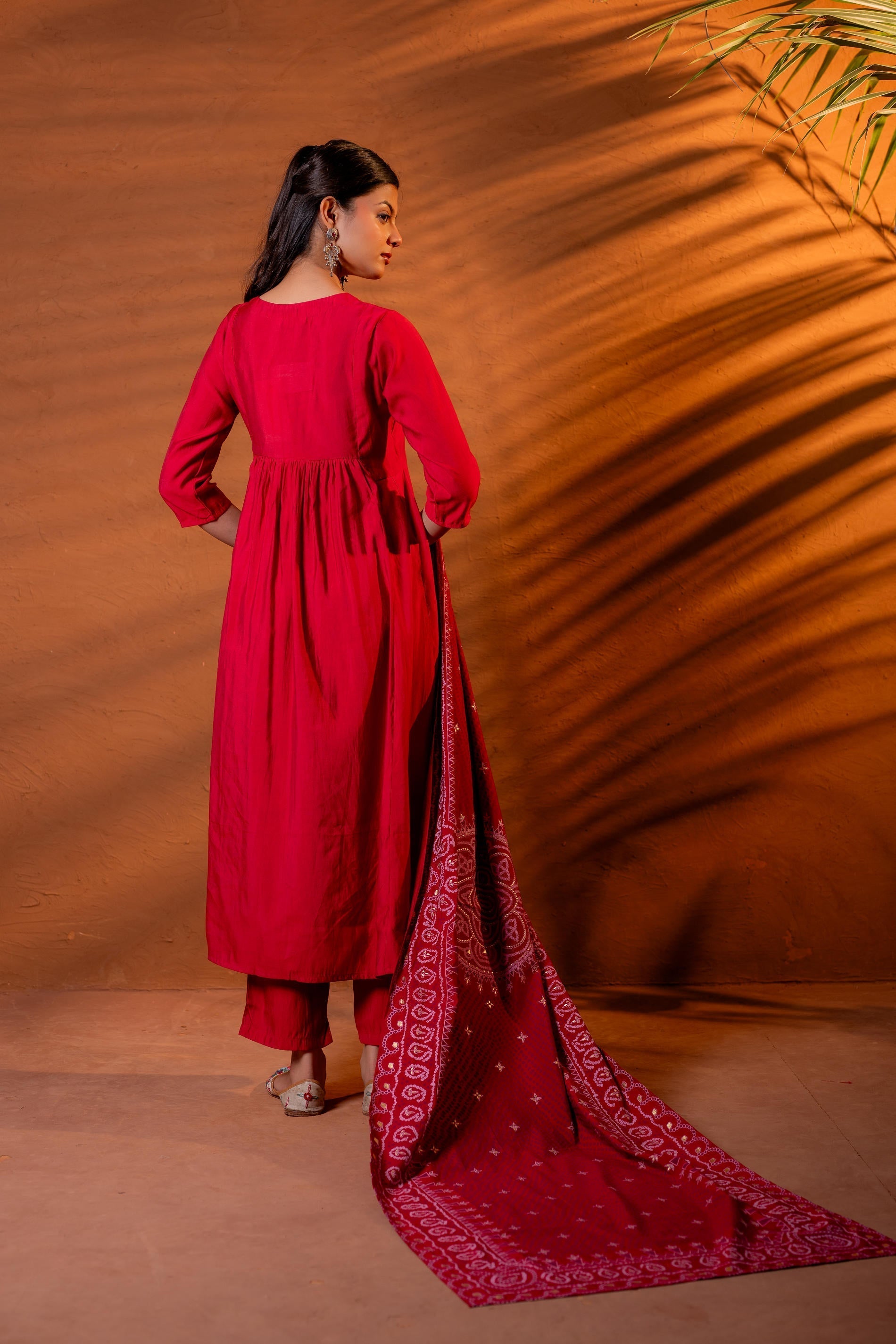 Juniper Maroon Ajrakh-Inspired Printed Kurta Set With Embroidered Yoke & Matching Dupatta - Distacart