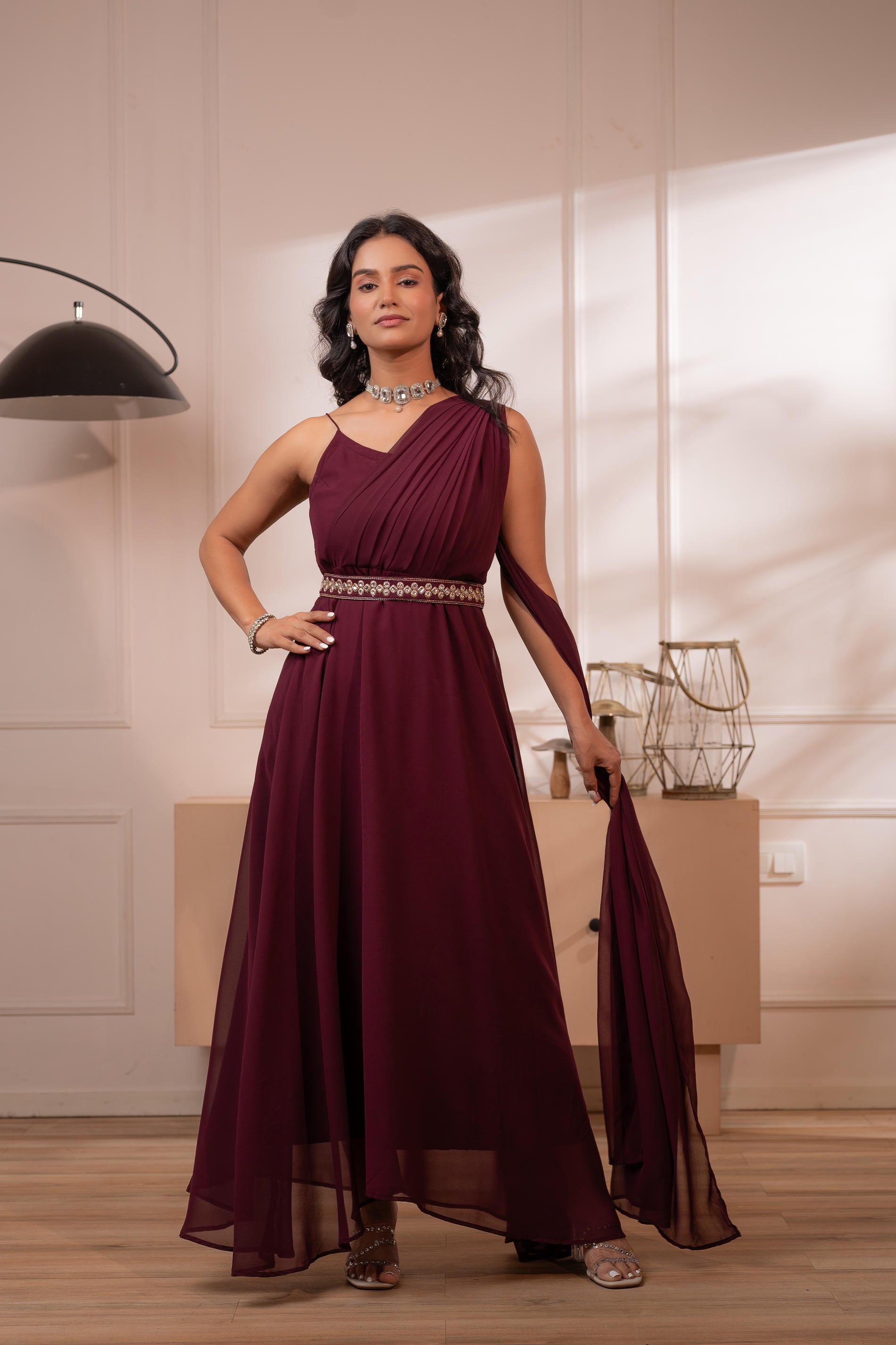 Juniper Wine Whispers One-Shoulder Gown - Distacart