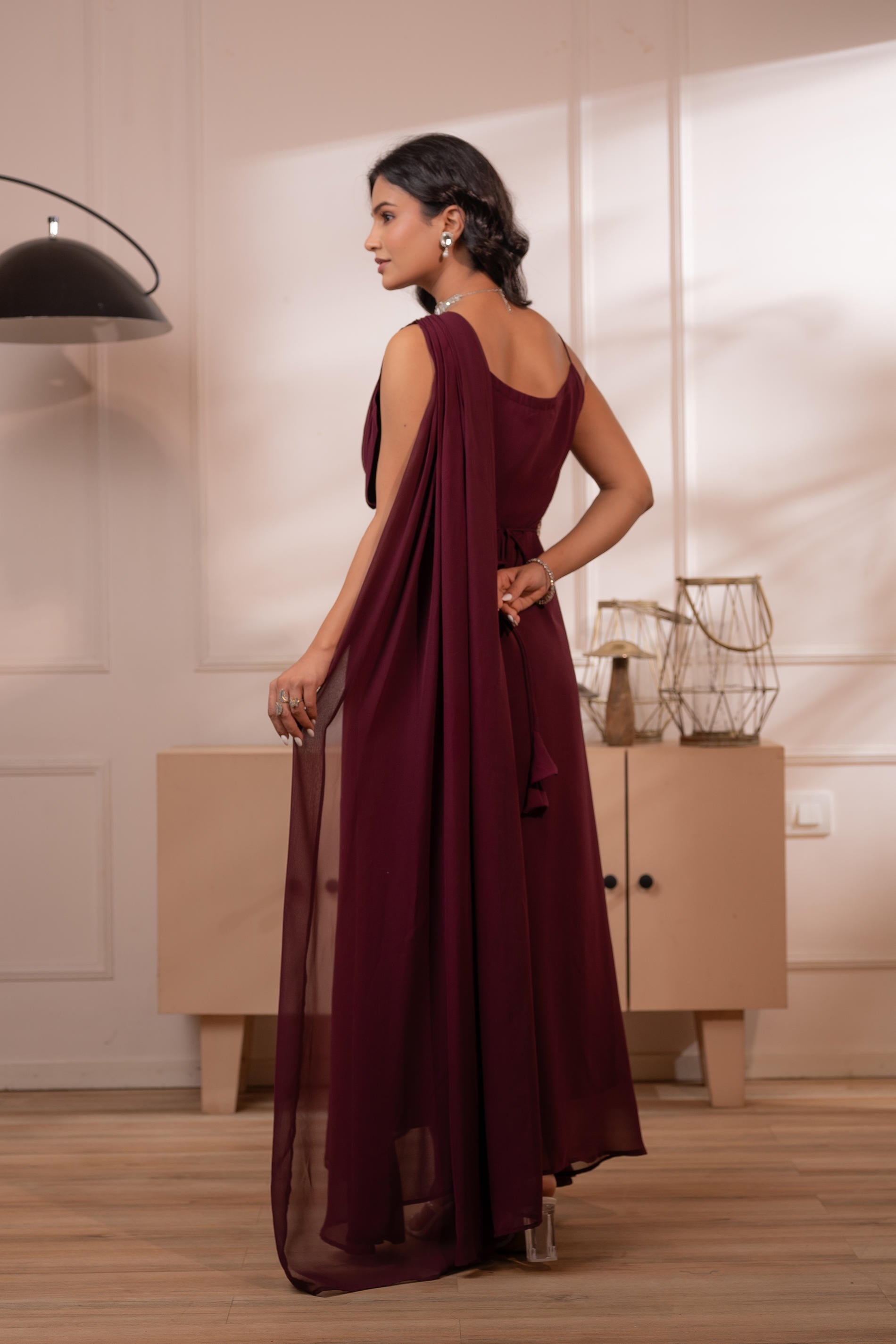 Juniper Wine Whispers One-Shoulder Gown - Distacart