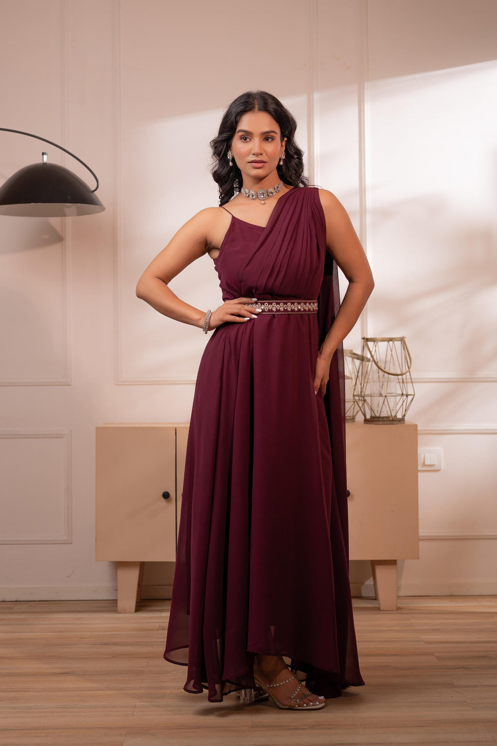 Juniper Wine Whispers One-Shoulder Gown - Distacart