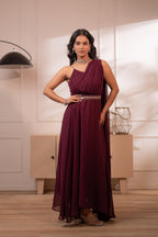 Juniper Wine Whispers One-Shoulder Gown - Distacart