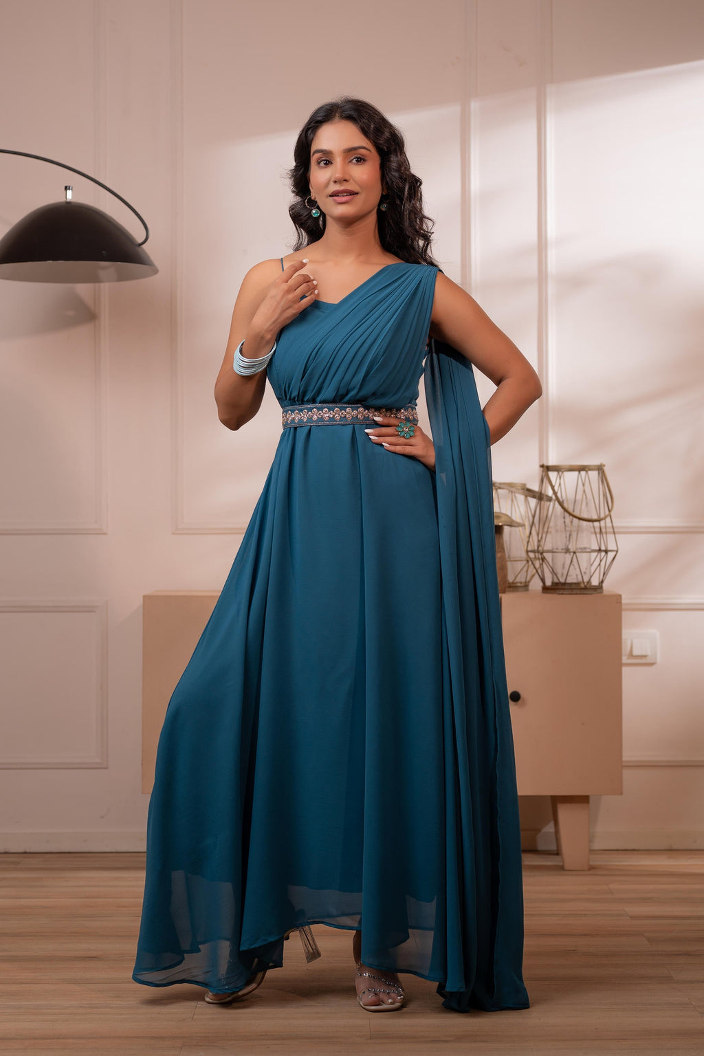 Juniper Ocean Teal Whispers One-Shoulder Gown - Distacart