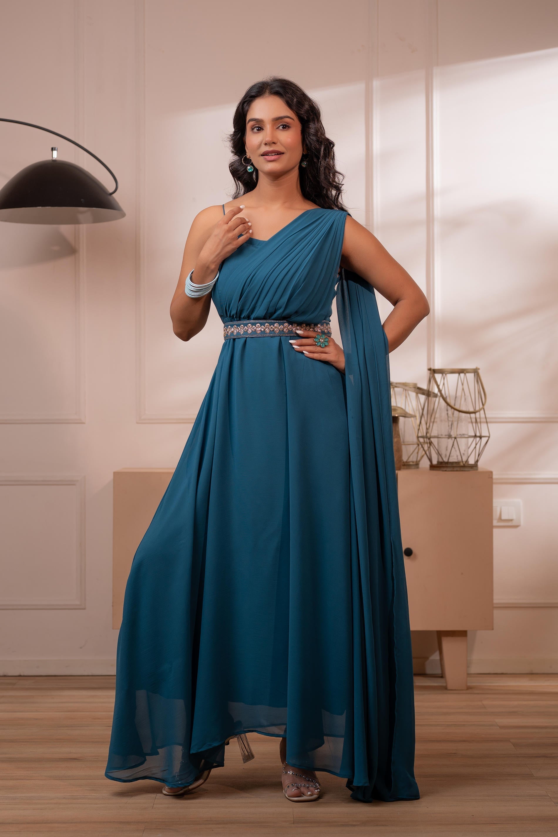 Juniper Ocean Teal Whispers One-Shoulder Gown - Distacart