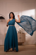 Juniper Ocean Teal Whispers One-Shoulder Gown - Distacart