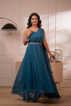 Juniper Ocean Teal Whispers One-Shoulder Gown - Distacart