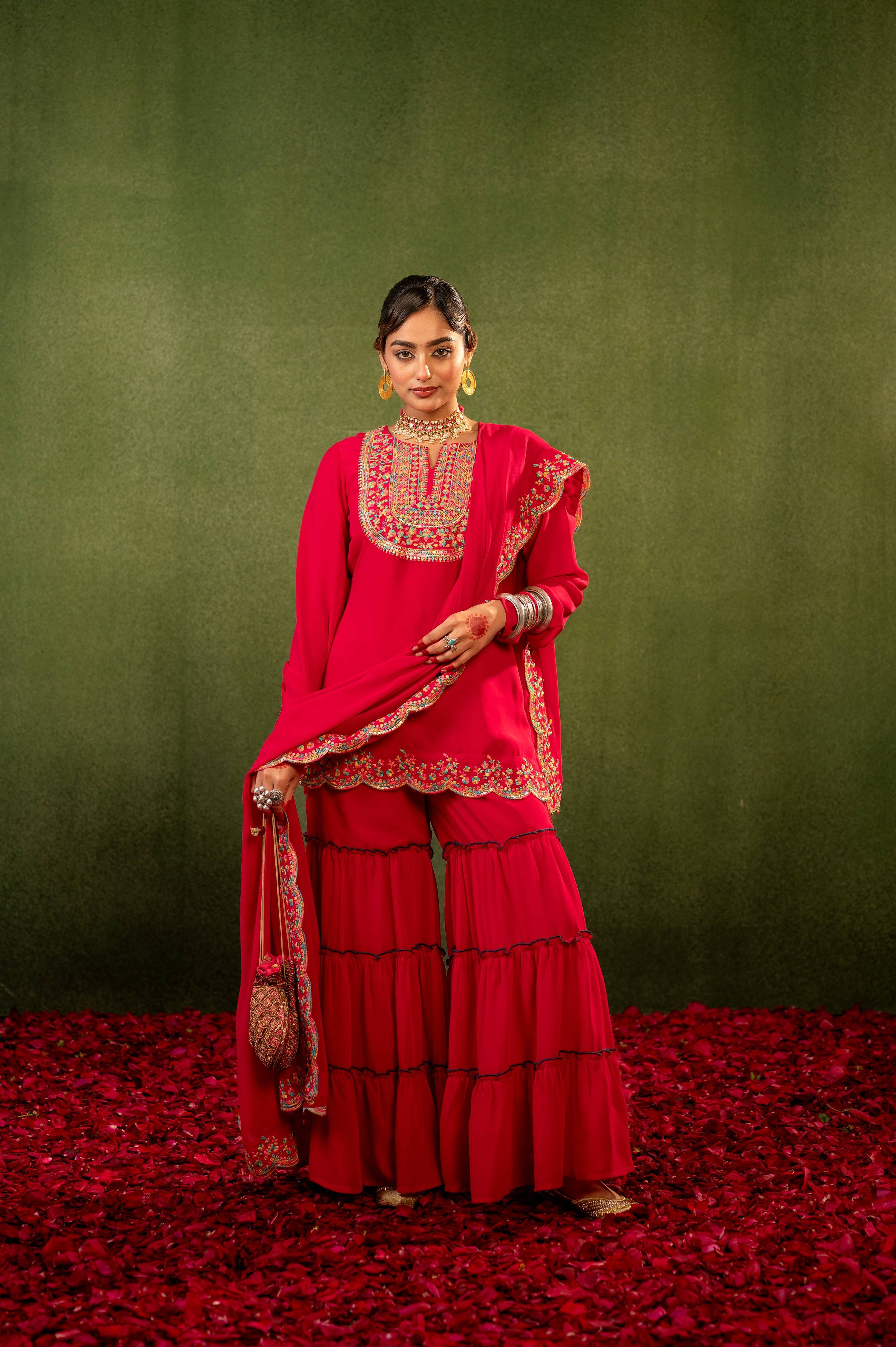 Juniper Pink Embroidered Kurta Sharara Set With Dupatta - Distacart