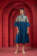 Juniper Indigo Tiered Dress With Multicolor Embroidered Yoke And Tassel Tie-Up - Distacart