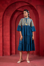 Juniper Indigo Tiered Dress With Multicolor Embroidered Yoke And Tassel Tie-Up - Distacart