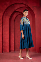 Juniper Indigo Tiered Dress With Multicolor Embroidered Yoke And Tassel Tie-Up - Distacart
