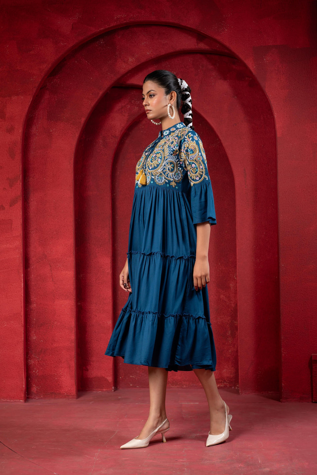 Juniper Indigo Tiered Dress With Multicolor Embroidered Yoke And Tassel Tie-Up - Distacart