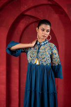 Juniper Indigo Tiered Dress With Multicolor Embroidered Yoke And Tassel Tie-Up - Distacart