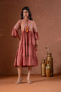 Juniper Rust Tiered Dress With Multicolor Embroidered Yoke And Tassel Tie-Up - Distacart