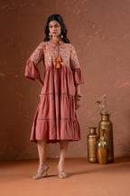 Juniper Rust Tiered Dress With Multicolor Embroidered Yoke And Tassel Tie-Up - Distacart