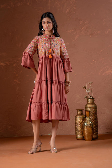 Juniper Rust Tiered Dress With Multicolor Embroidered Yoke And Tassel Tie-Up