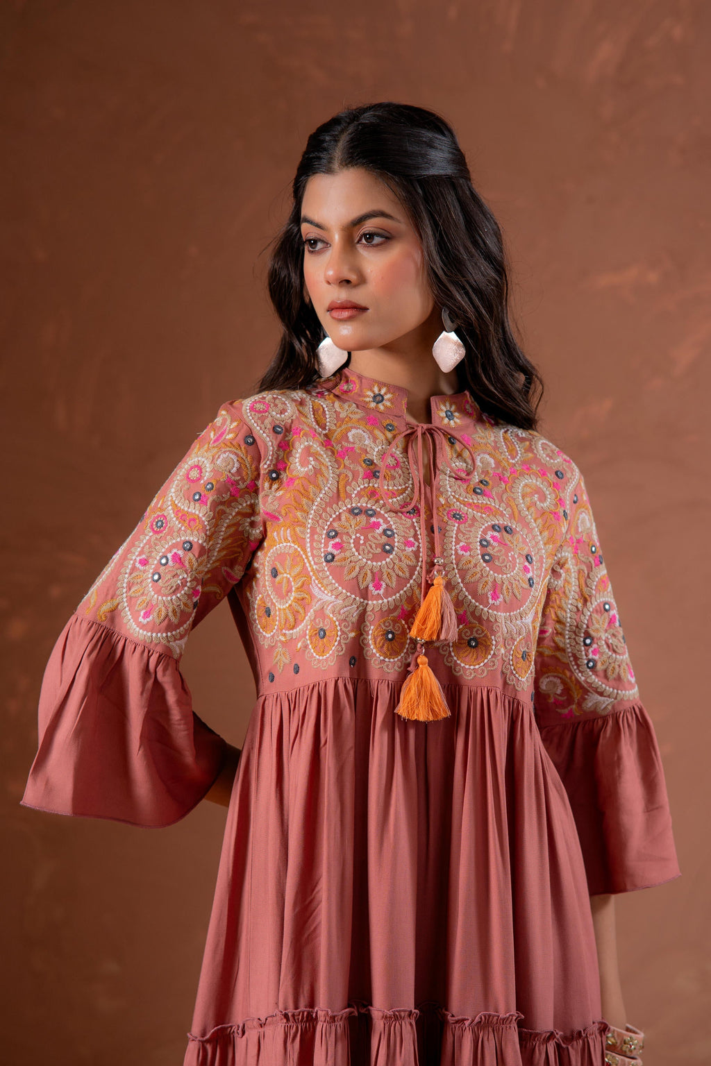 Juniper Rust Tiered Dress With Multicolor Embroidered Yoke And Tassel Tie-Up - Distacart