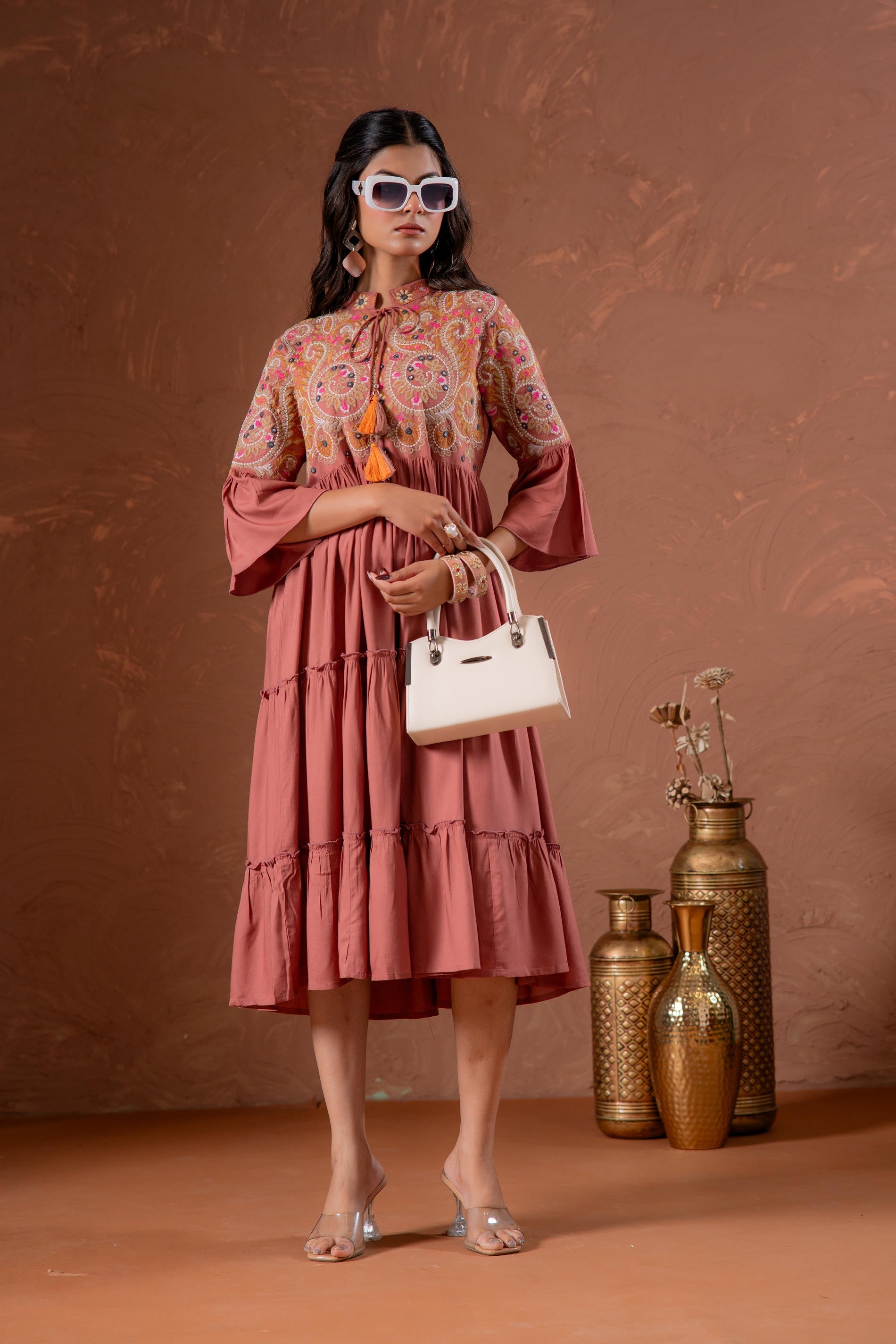 Juniper Rust Tiered Dress With Multicolor Embroidered Yoke And Tassel Tie-Up - Distacart