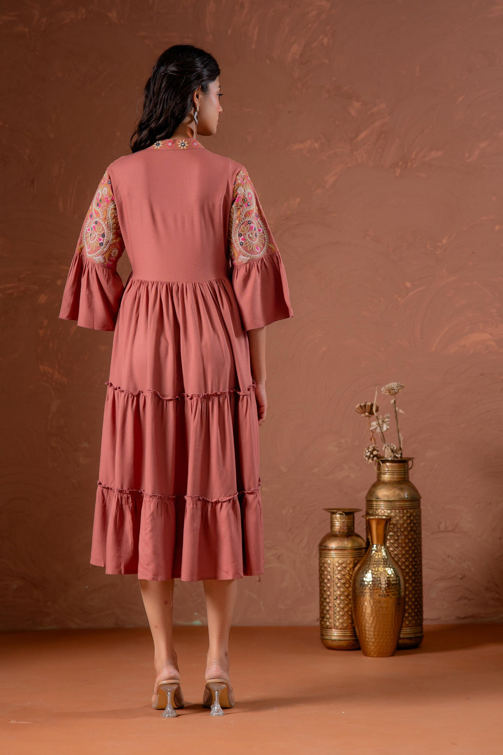 Juniper Rust Tiered Dress With Multicolor Embroidered Yoke And Tassel Tie-Up - Distacart