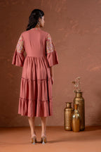 Juniper Rust Tiered Dress With Multicolor Embroidered Yoke And Tassel Tie-Up - Distacart