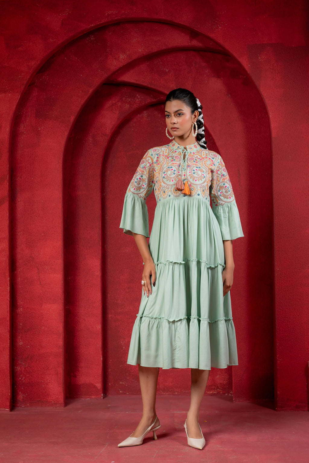 Juniper Sage Green Tiered Dress With Multicolor Embroidered Yoke And Tassel Tie-Up - Distacart