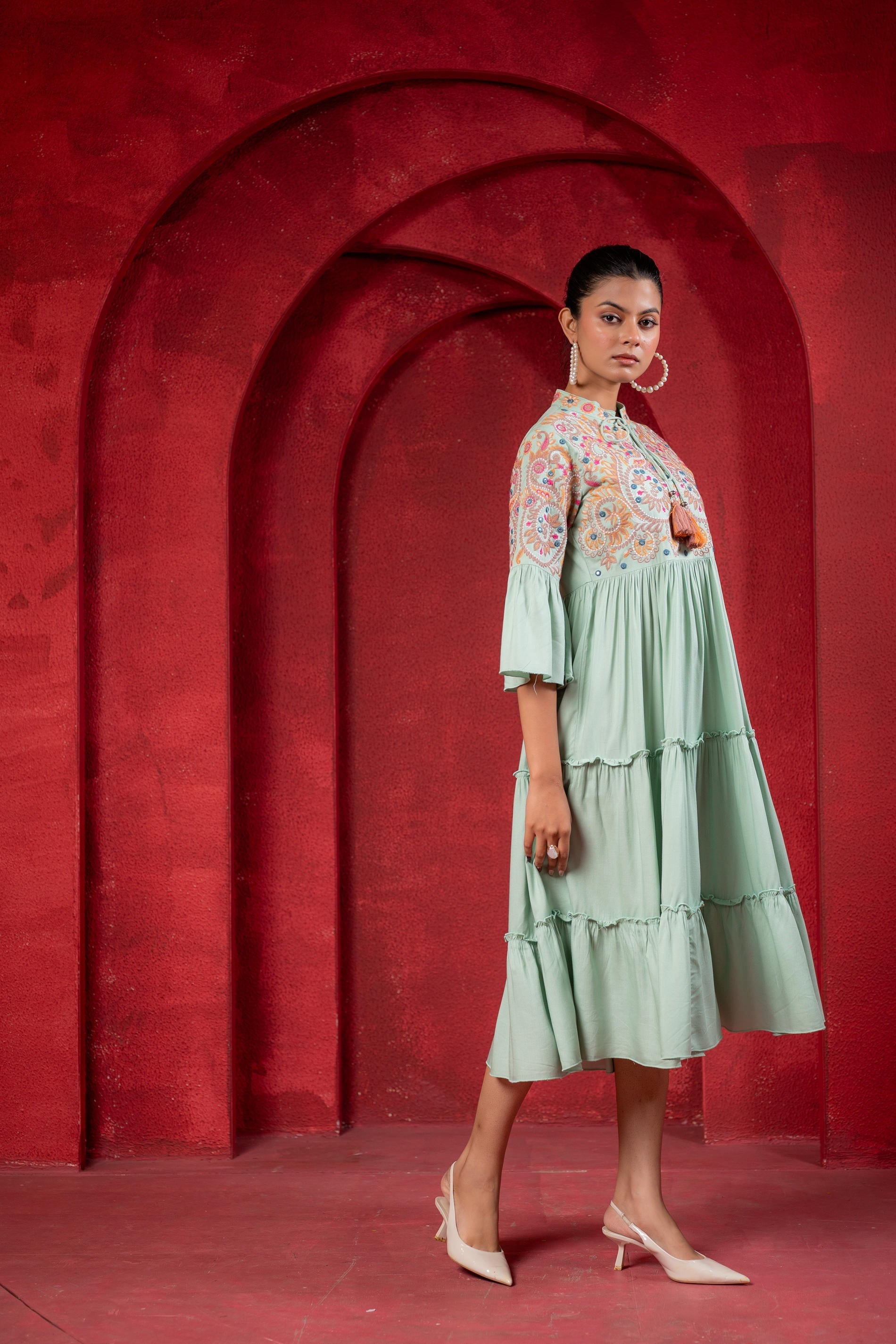 Juniper Sage Green Tiered Dress With Multicolor Embroidered Yoke And Tassel Tie-Up - Distacart