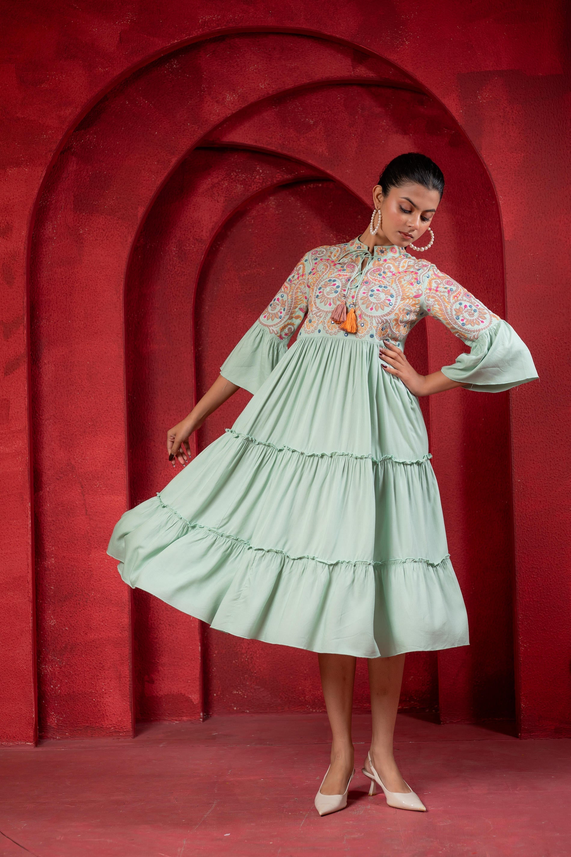 Juniper Sage Green Tiered Dress With Multicolor Embroidered Yoke And Tassel Tie-Up - Distacart
