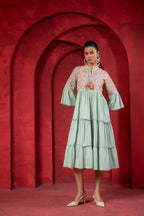 Juniper Sage Green Tiered Dress With Multicolor Embroidered Yoke And Tassel Tie-Up - Distacart