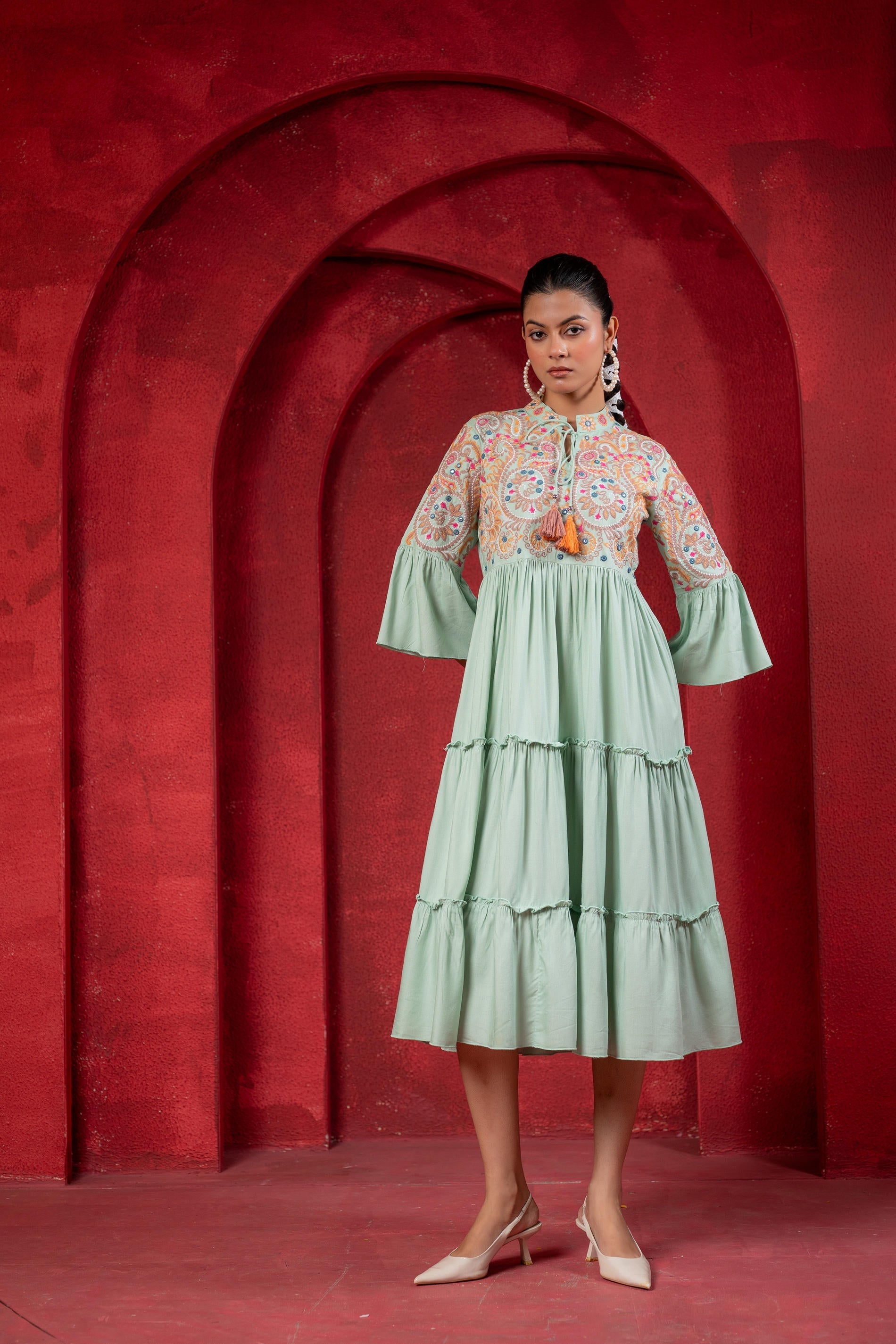 Juniper Sage Green Tiered Dress With Multicolor Embroidered Yoke And Tassel Tie-Up - Distacart