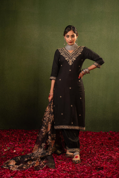 Juniper Black Heritage Embroidered Kurta Set