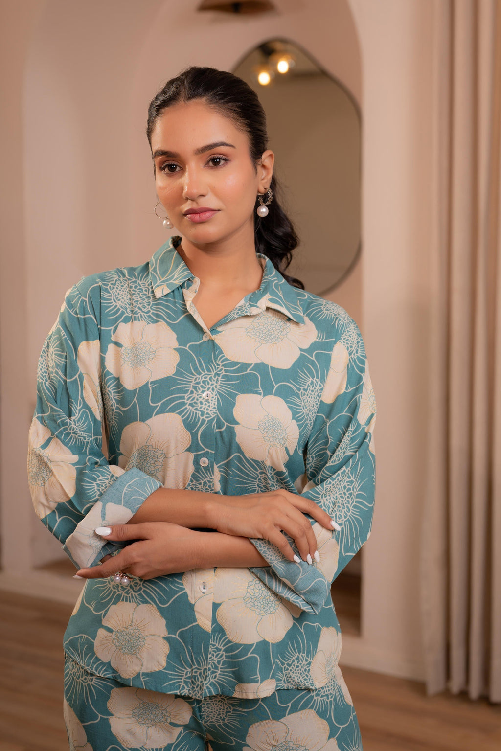 Juniper Women'S Mint Floral Printed Co-Ord Set With Button Details - Distacart
