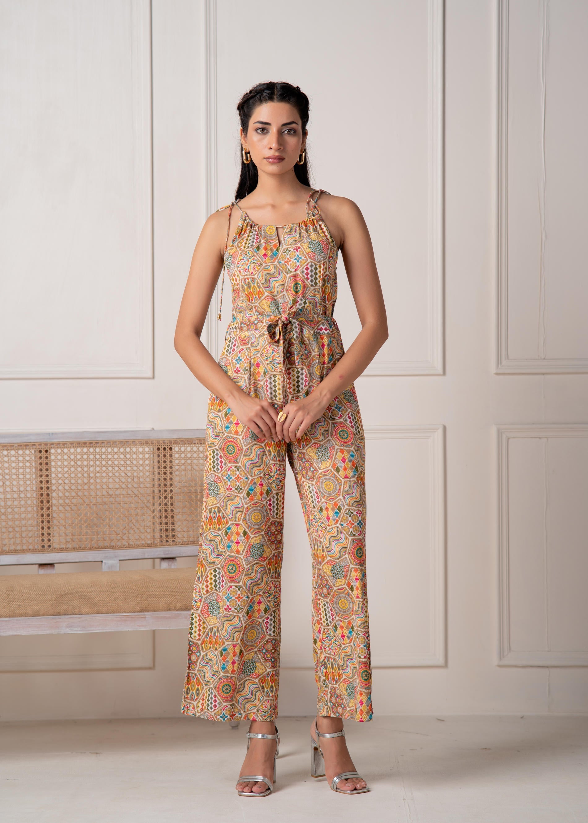 Juniper Multi Printed Abstract Viscose Jumpsuit With Belt - Distacart