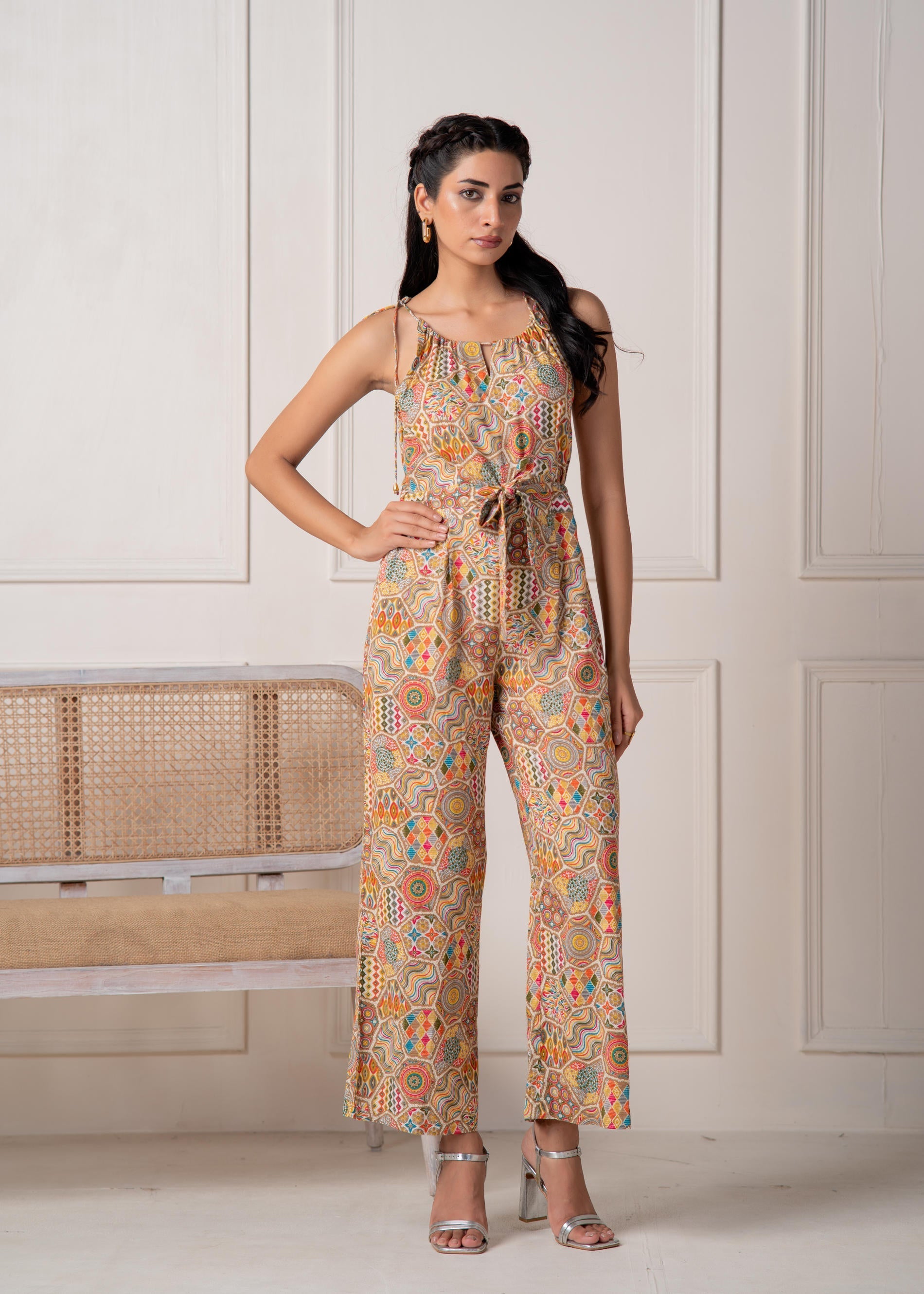 Juniper Multi Printed Abstract Viscose Jumpsuit With Belt - Distacart