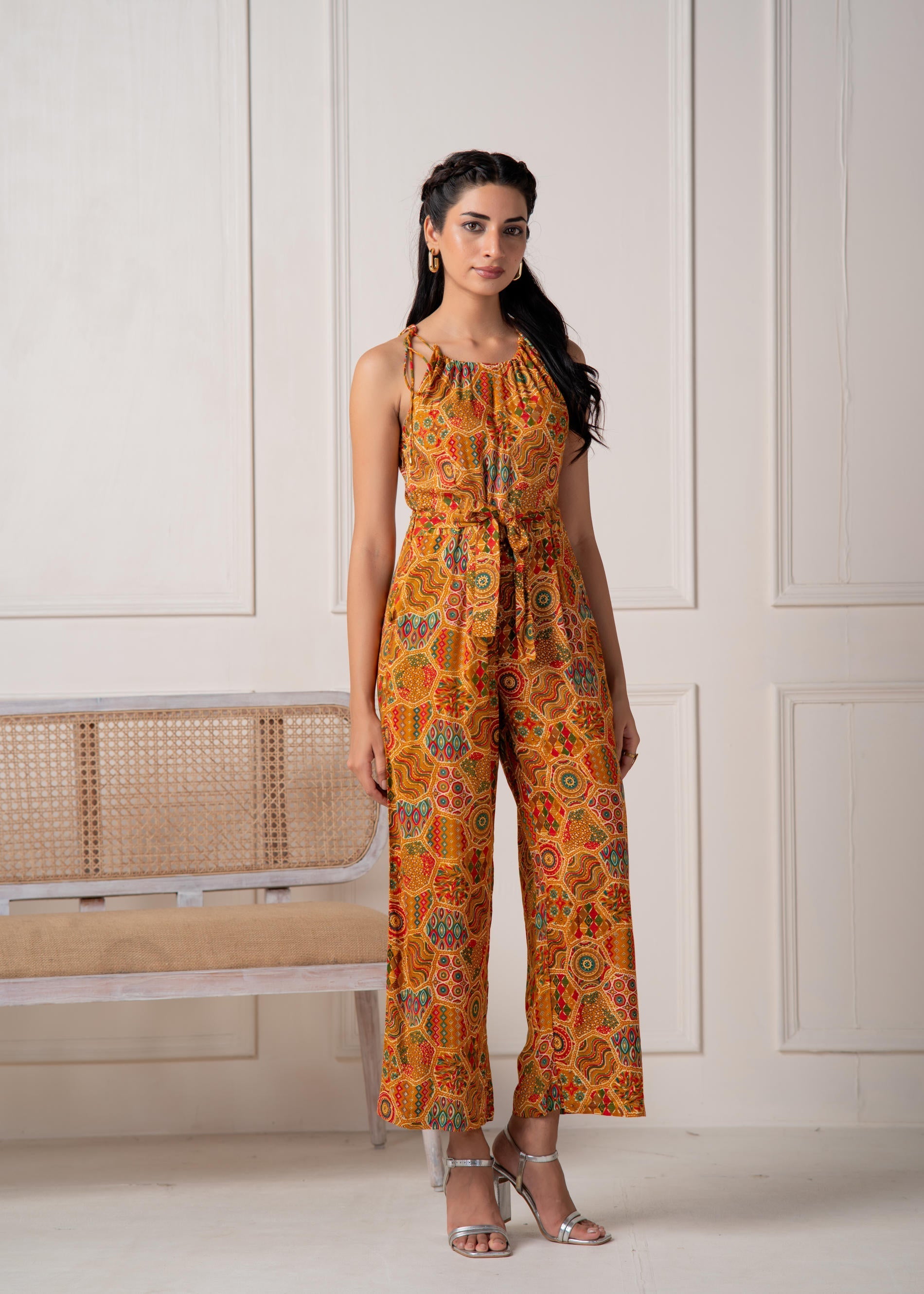 Juniper Mustard Printed Abstract Viscose Jumpsuit With Belt - Distacart