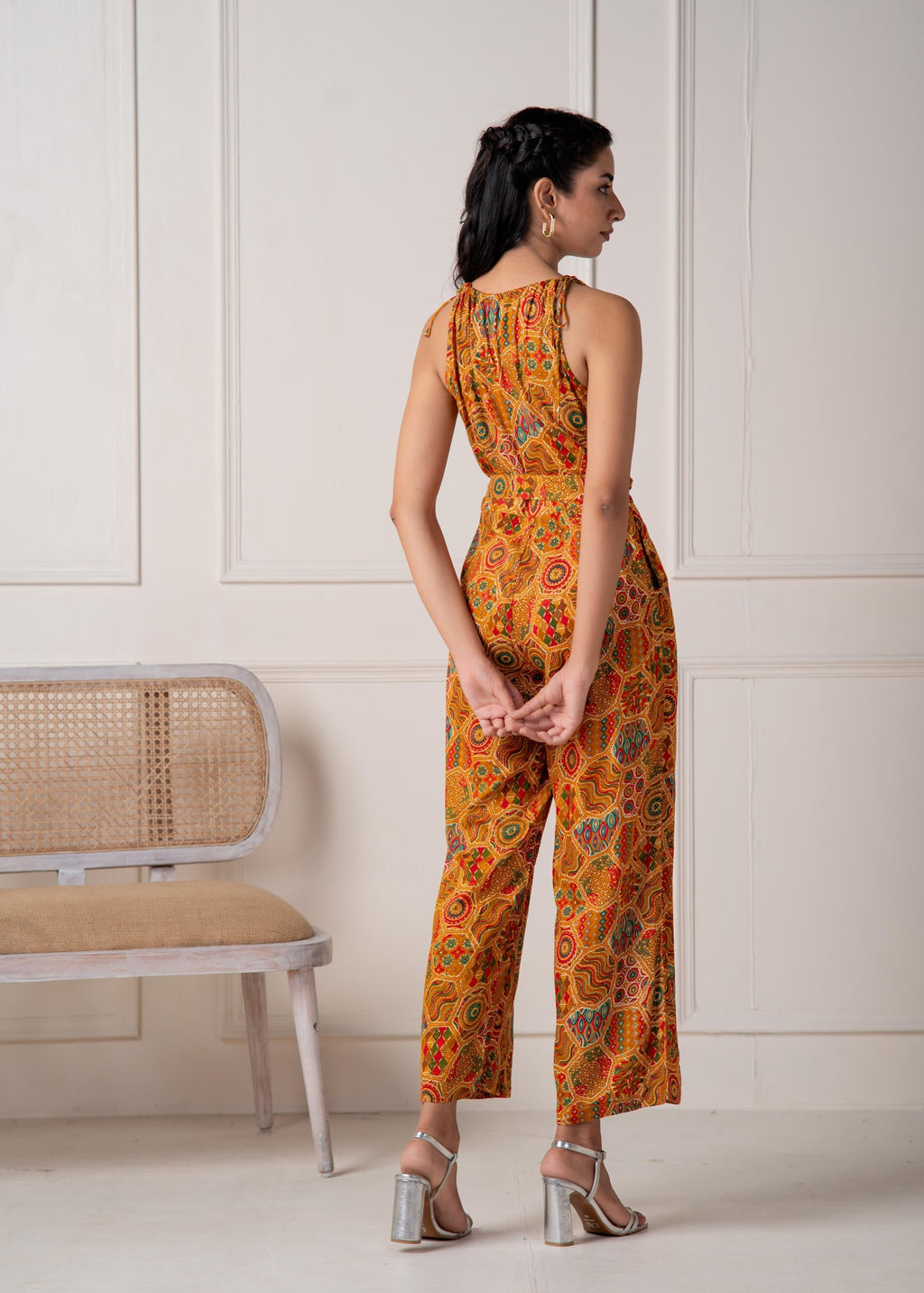 Juniper Mustard Printed Abstract Viscose Jumpsuit With Belt - Distacart