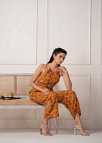 Juniper Mustard Printed Abstract Viscose Jumpsuit With Belt - Distacart
