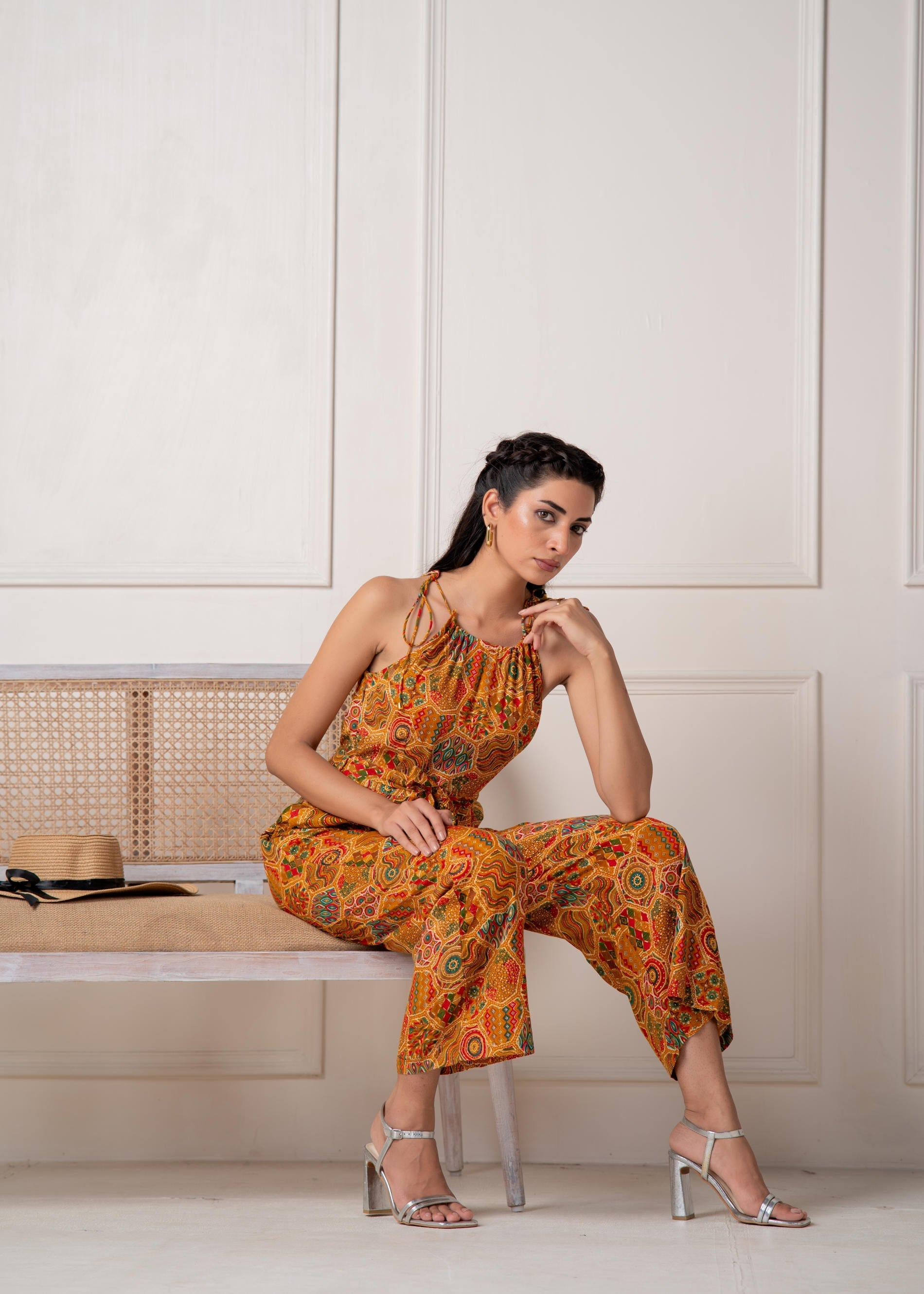 Juniper Mustard Printed Abstract Viscose Jumpsuit With Belt - Distacart