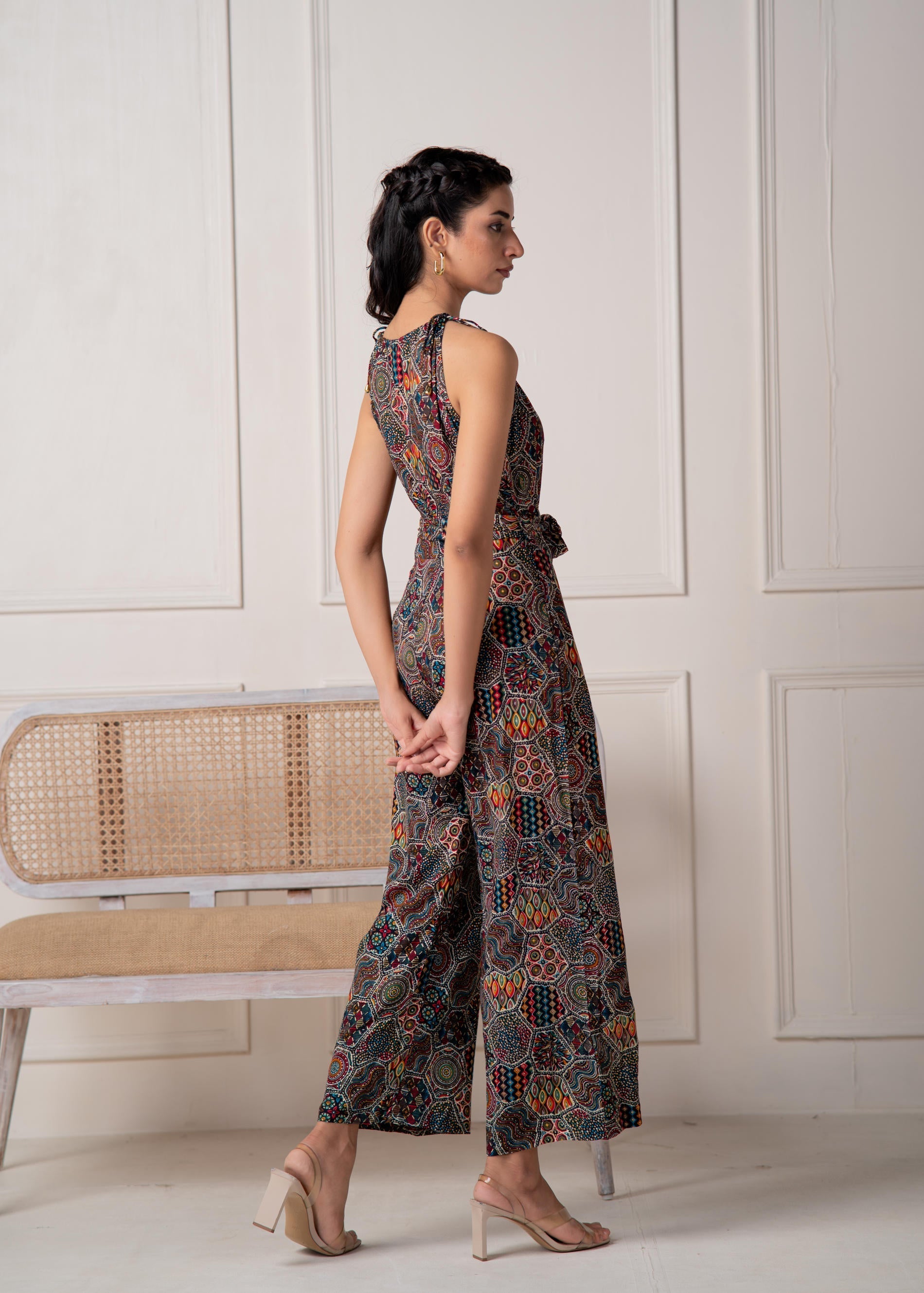 Juniper Navy Printed Abstract Viscose Jumpsuit With Belt - Distacart