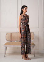 Juniper Navy Printed Abstract Viscose Jumpsuit With Belt - Distacart