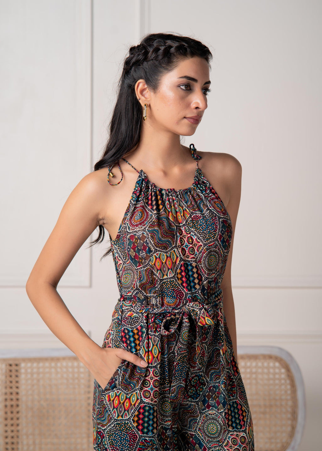 Juniper Navy Printed Abstract Viscose Jumpsuit With Belt - Distacart