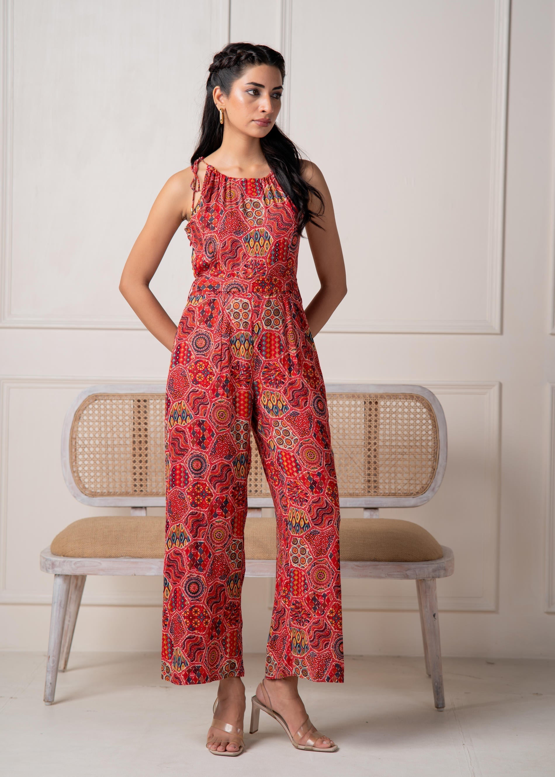 Juniper Rust Multi-Motif Bohemian Printed Sleeveless Jumpsuit - Distacart