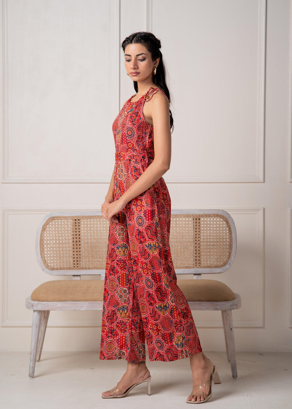 Juniper Rust Multi-Motif Bohemian Printed Sleeveless Jumpsuit - Distacart