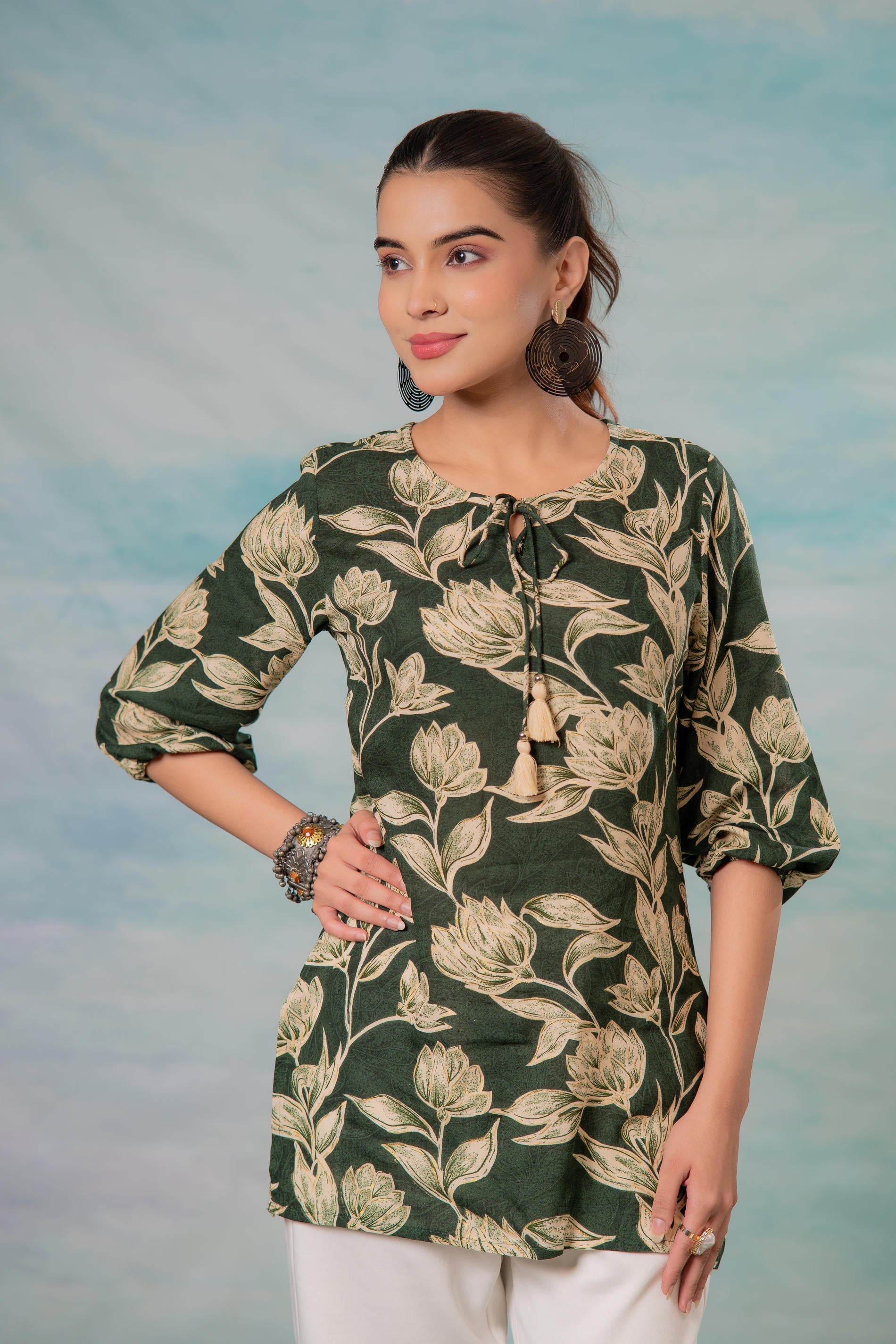 Juniper Green Floral Printed Viscose Tunic - Distacart