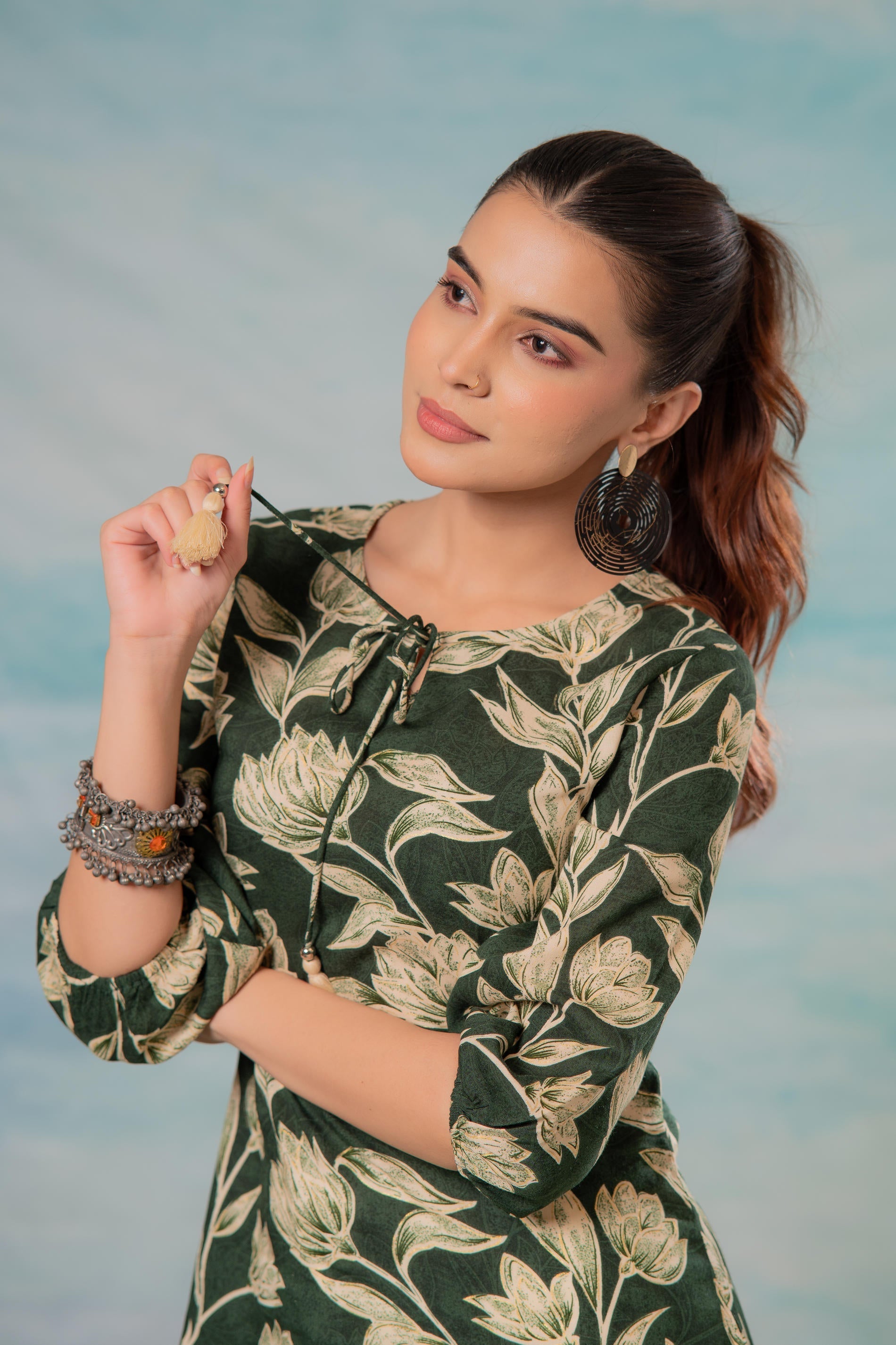 Juniper Green Floral Printed Viscose Tunic - Distacart