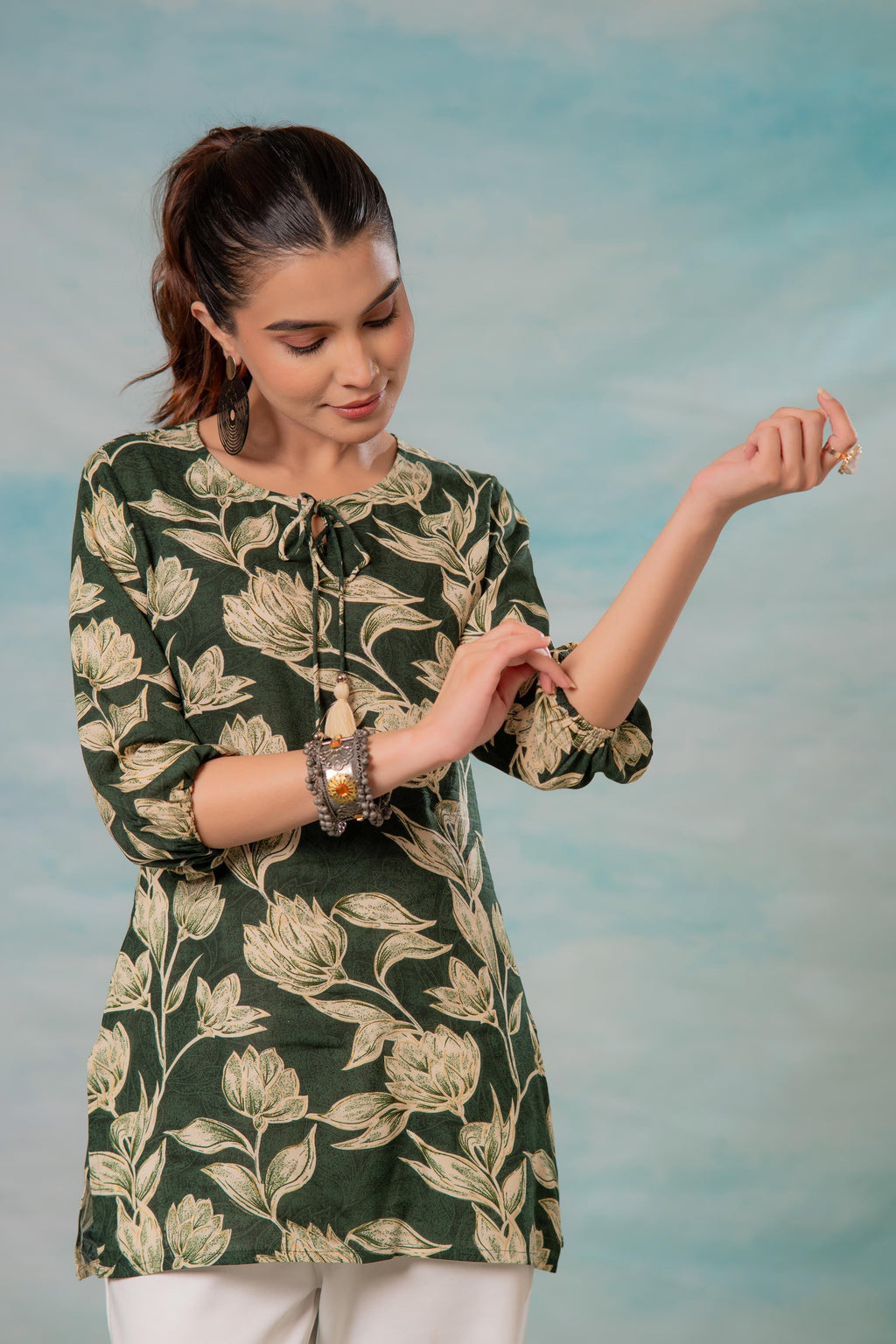 Juniper Green Floral Printed Viscose Tunic - Distacart