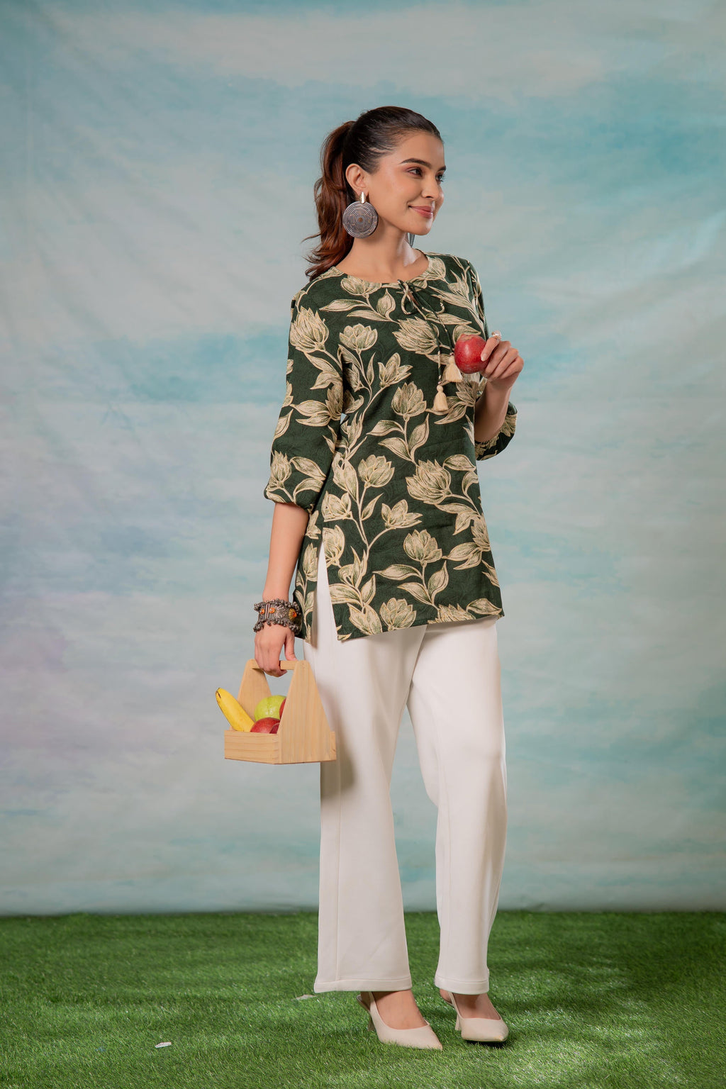Juniper Green Floral Printed Viscose Tunic - Distacart
