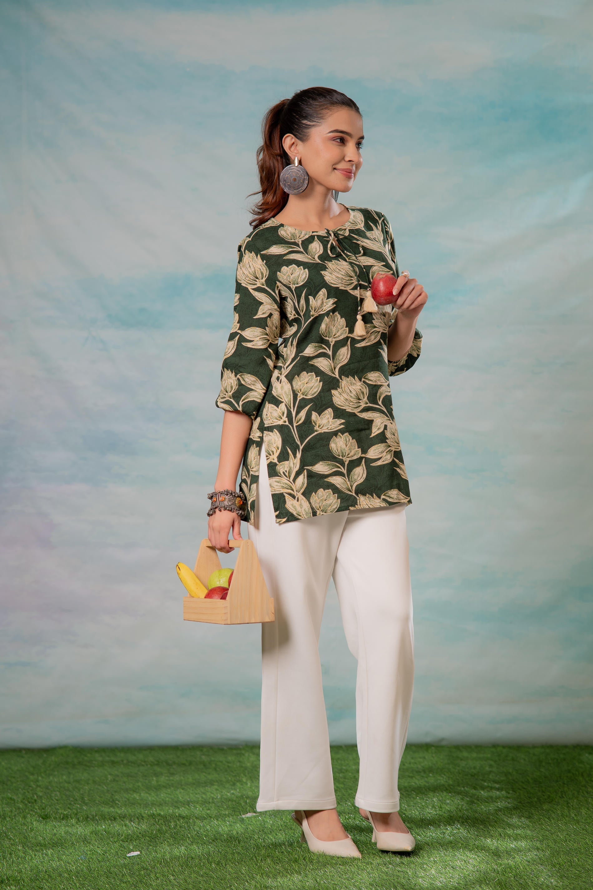 Juniper Green Floral Printed Viscose Tunic - Distacart