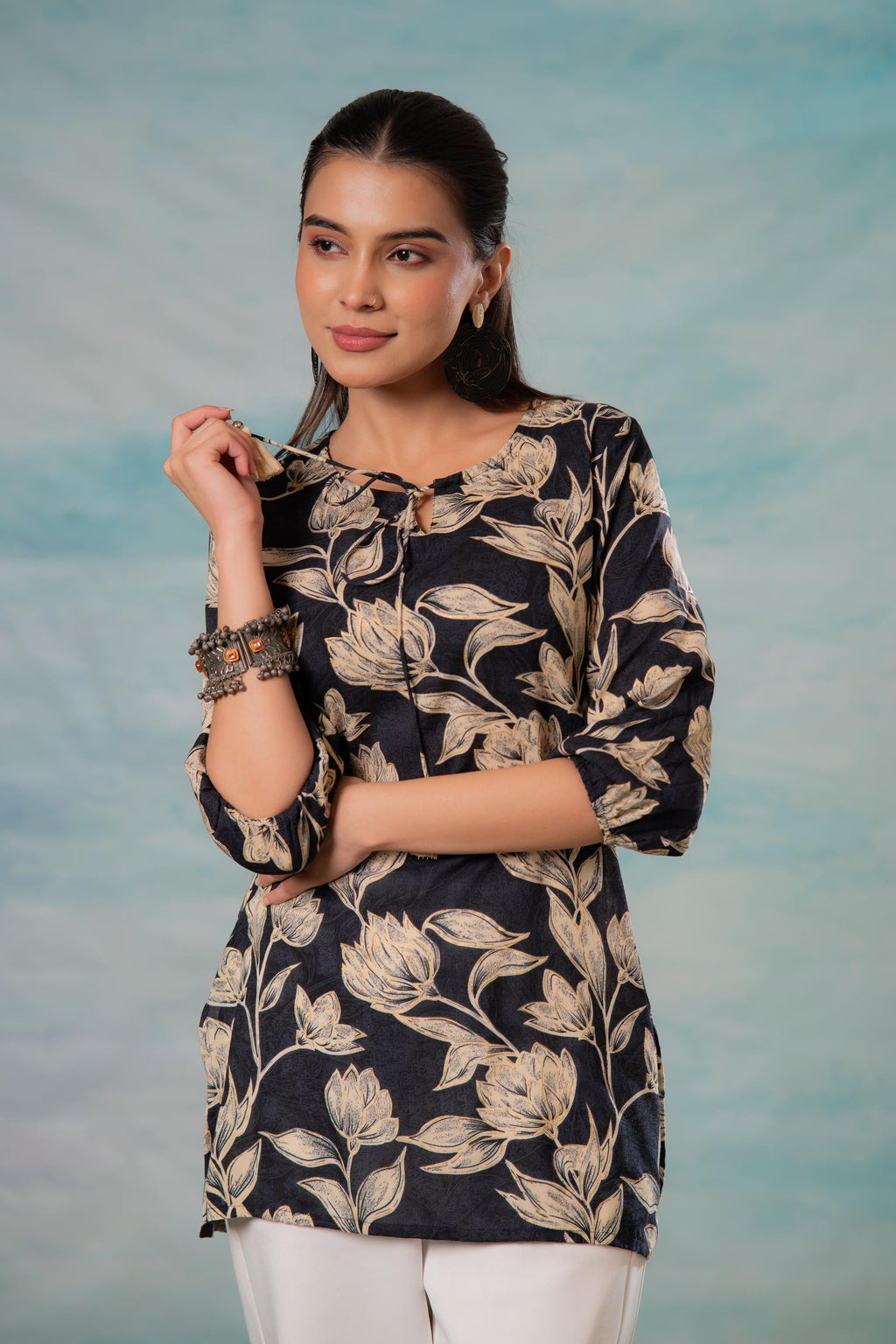 Juniper Grey Floral Printed Viscose Tunic