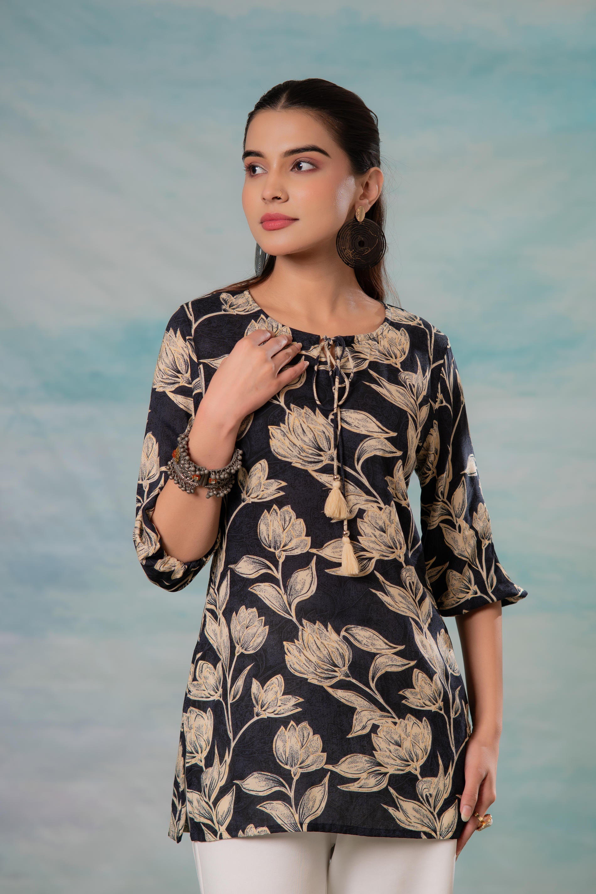 Juniper Grey Floral Printed Viscose Tunic