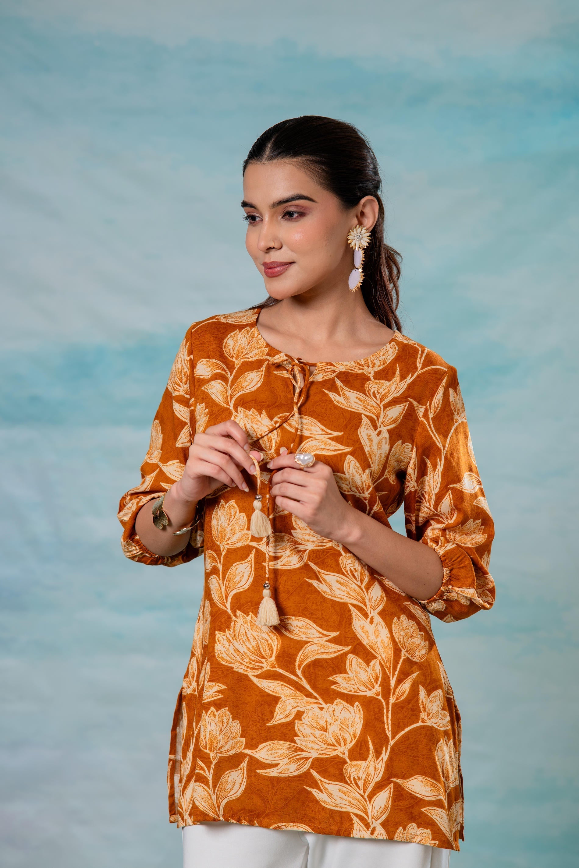Juniper Mustard Floral Printed Viscose Tunic - Distacart