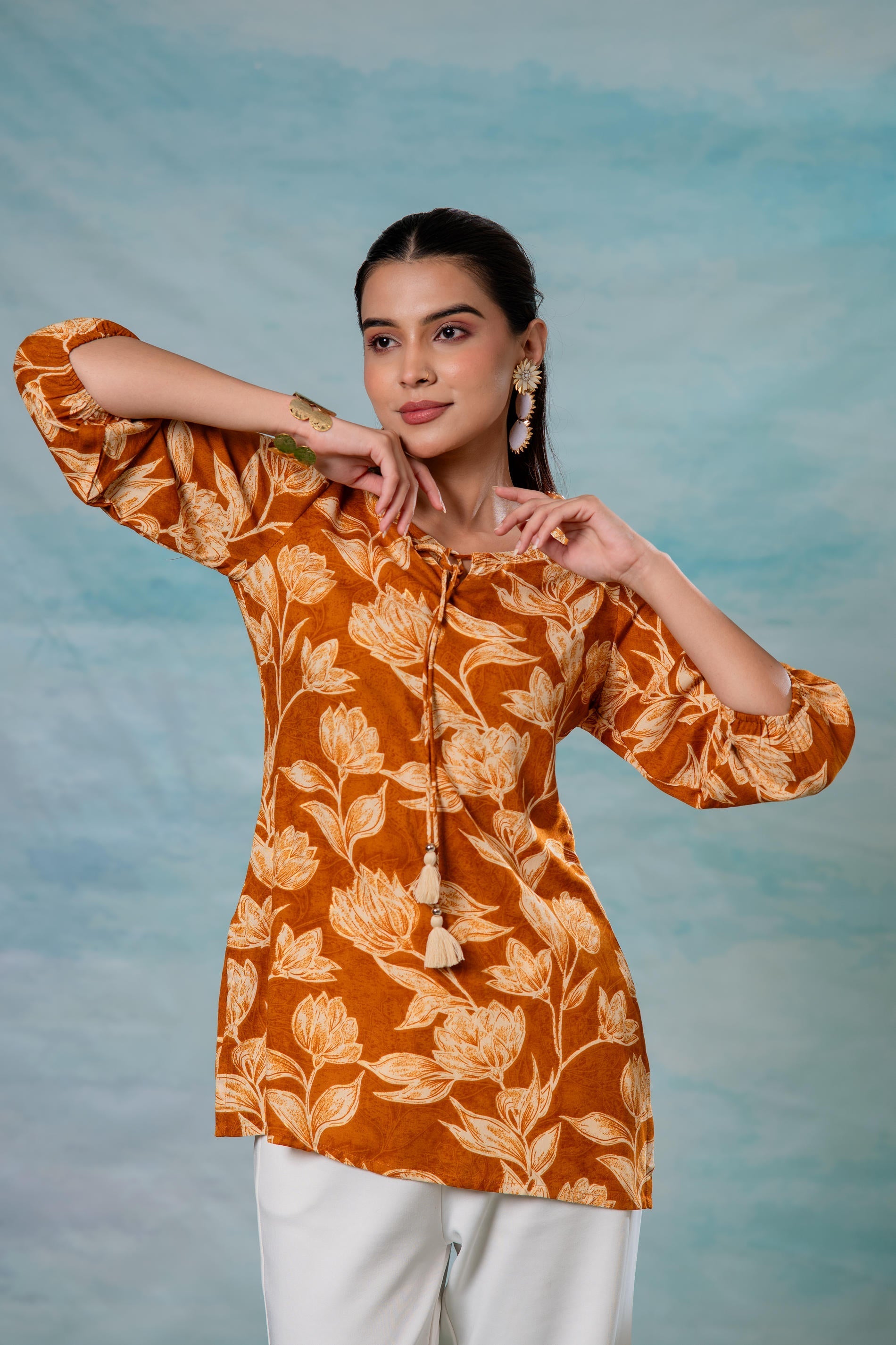 Juniper Mustard Floral Printed Viscose Tunic - Distacart