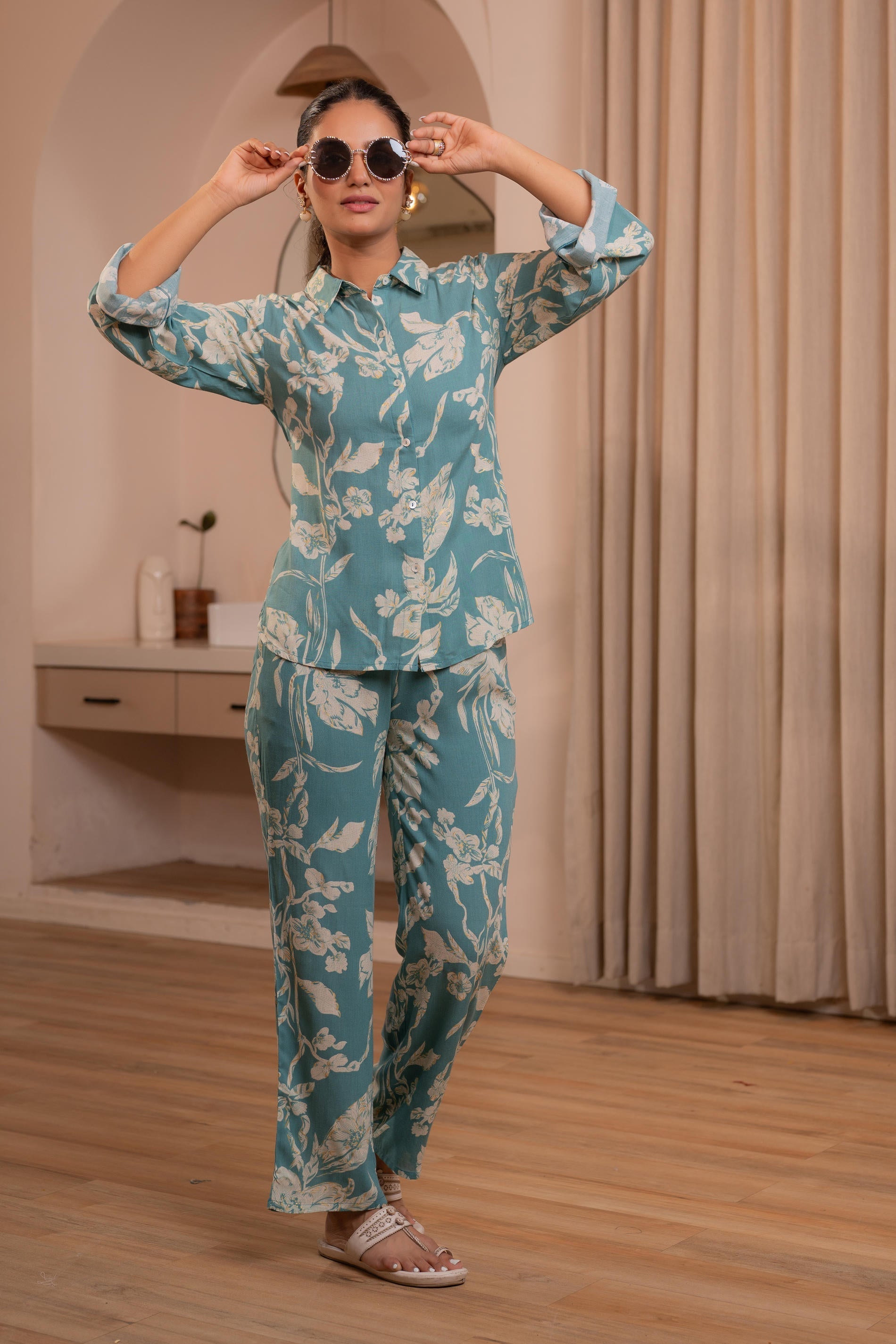 Juniper Teal Floral Printed Co-Ord Set With Button Details - Distacart